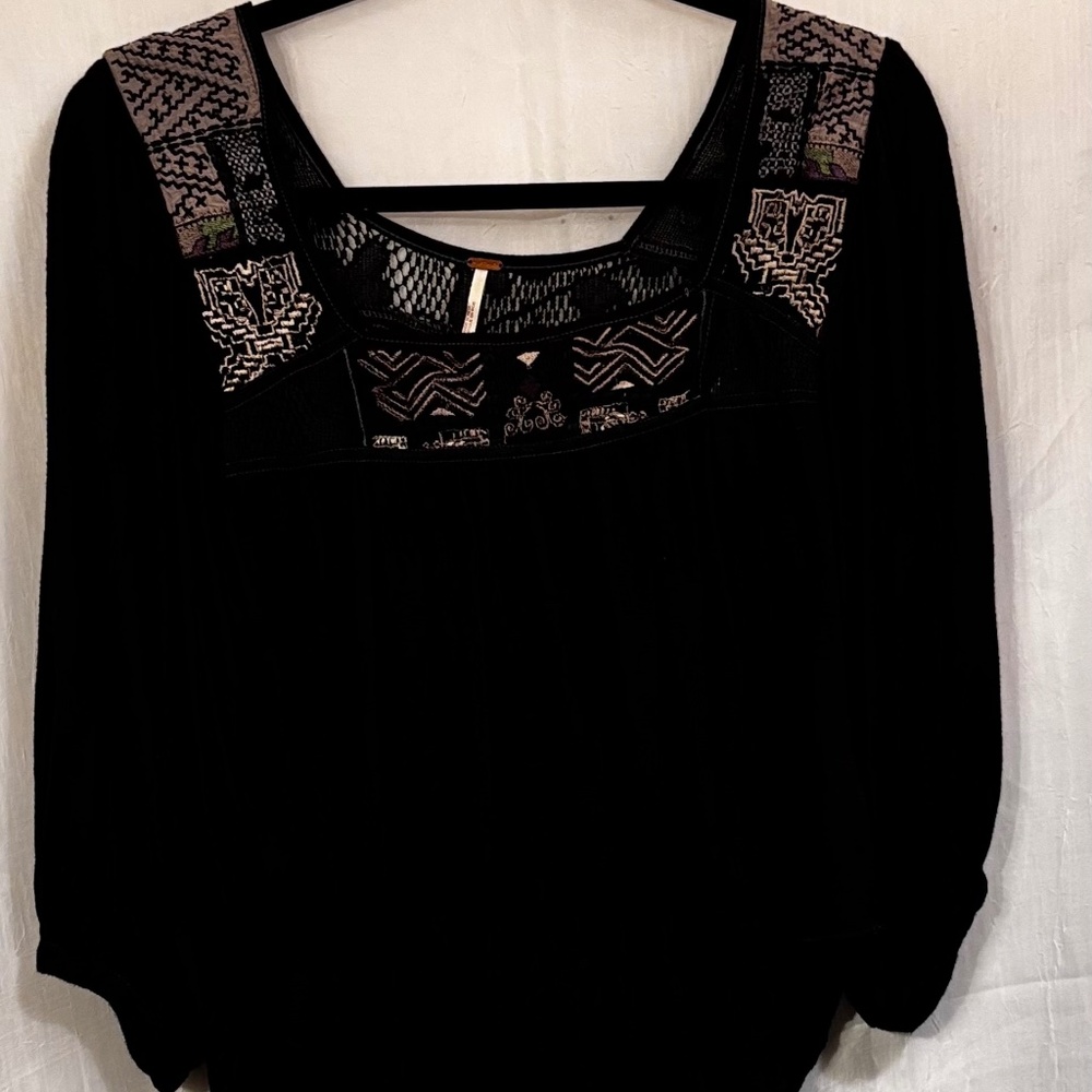 Free People Top High Low Black with Embroidered Neckline 3/4 Sleeves S/P